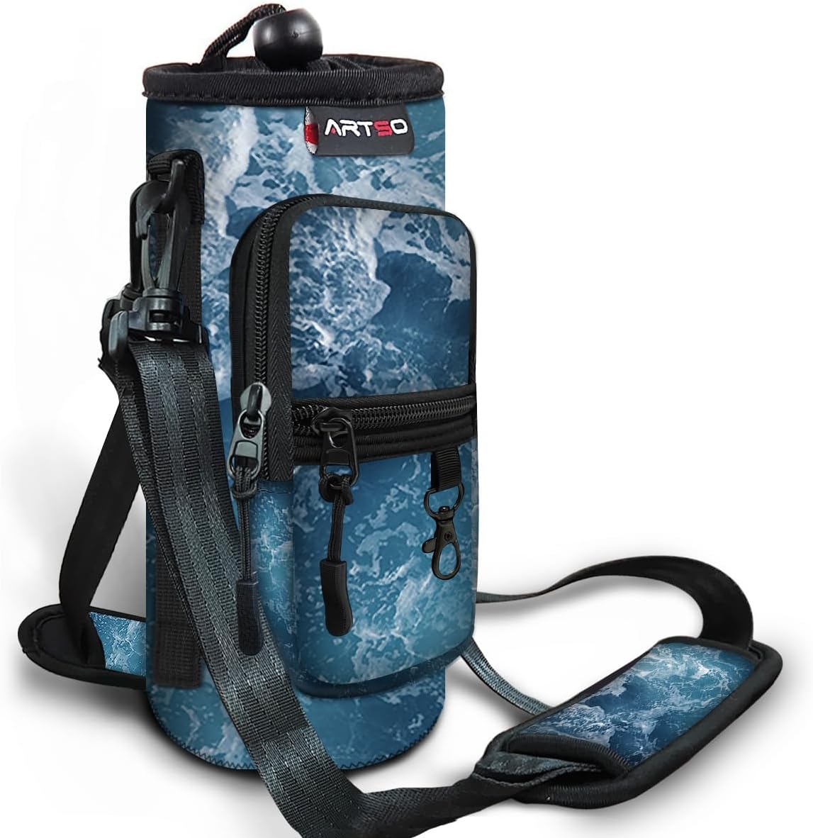 ARTSO Water Bottle Carrier Bag Sling Holder Pouch, 25oz 32oz 40oz 64oz Insulated Water Bottle Sleeve Case Cover with Adjustable Shoulder Hand Strap Pocket for Hiking Camping Travelling, Ocean Waves