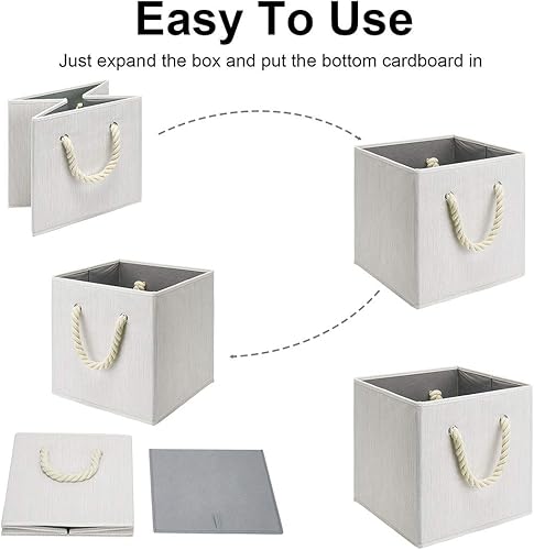 Miniatura 5 de i BKGOO Contenedores plegables de almacenamiento de tela de bambú beige y blanco, organizador resistente con asa de cuerda de algodón para oficina