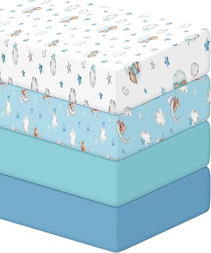 Menkxi Juego de 4 sábanas para cuna de bebé, diseño de oso azul, unisex, suaves y transpirables, sábanas neutras para cuna, regalos de bebé, niñas y