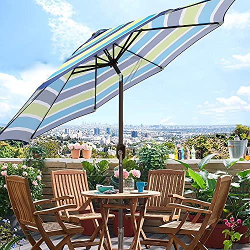 Blissun 9' Outdoor Patio Umbrella, Striped Patio Umbrella, Outdoor Table Umbrella, Market Umbrella with 8 Sturdy Ribs, Push Button Tilt and Crank (Blue and Green)