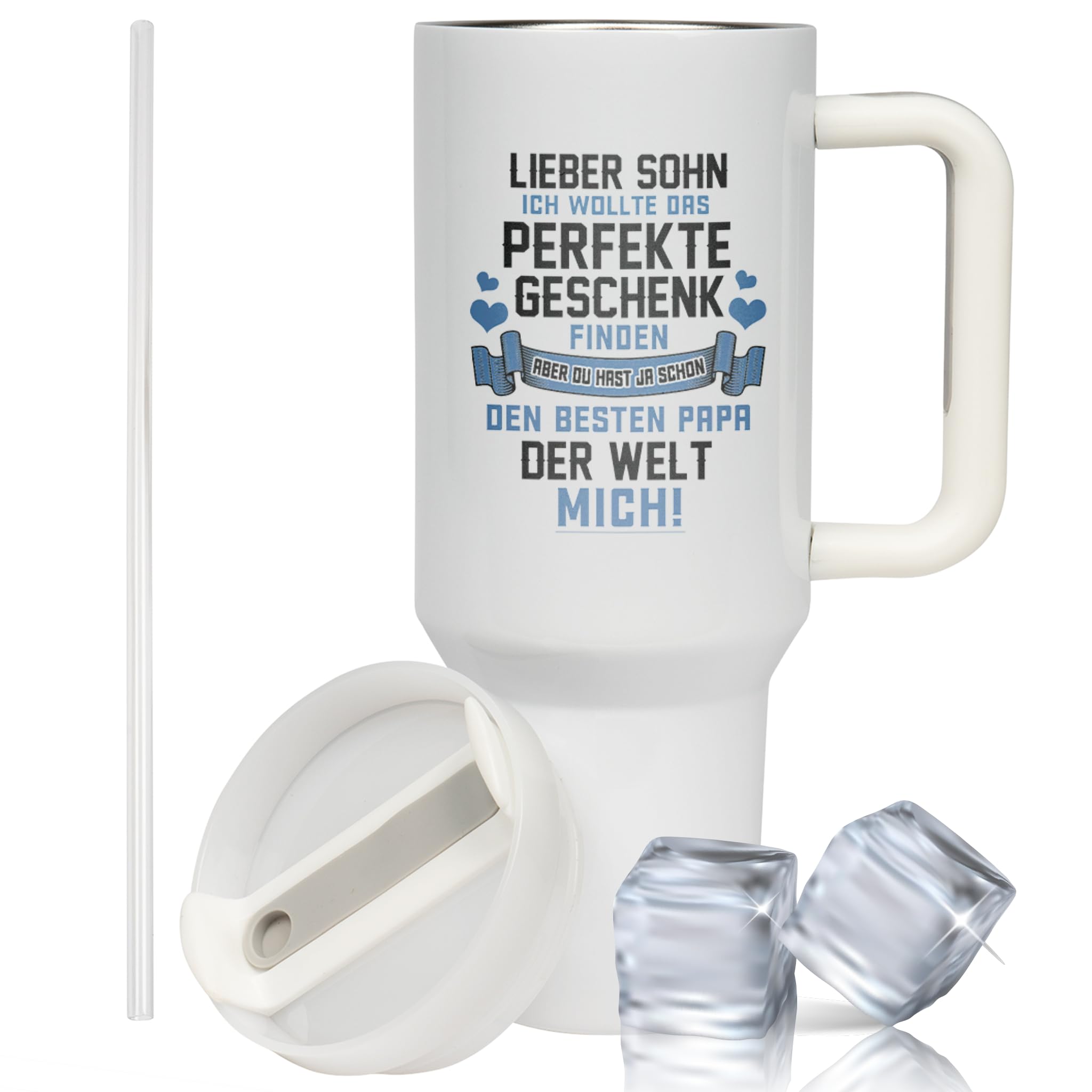 XXL Thermobecher für Sohn – Geschenk zum Geburtstag & Weihnachten – Edelstahl Trinkflasche, Weiß mit Lustigem Spruch vom Papa (WIEDERVERWENDBAR)