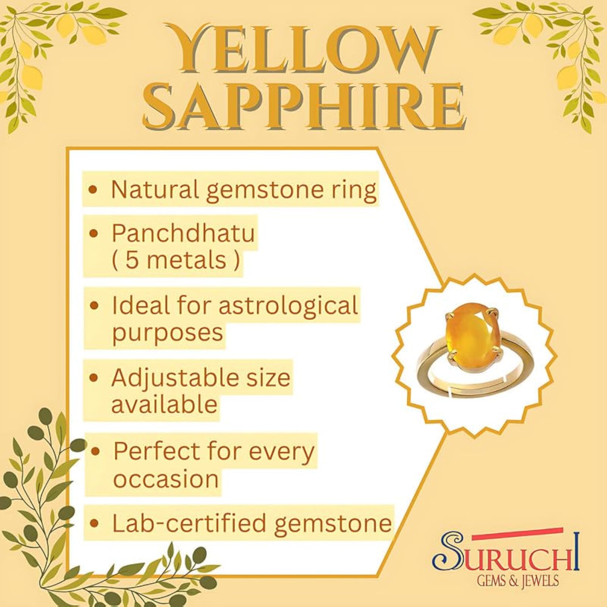 Women's Yellow Sapphire 5.25 Ratti Gold Plated Adjustable Ring