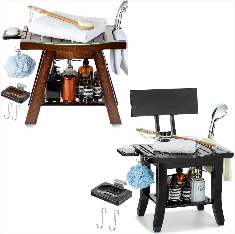 ETECHMART A-Shaped Shower Bench + Shower Bench with Back (Walnut+Espresso)