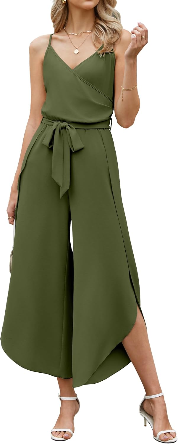 ECOWISH Womens Jumpsuit Spaghetti Strap Wide Leg Split Jumpsuits Long Overalls Summer Beach Loose Fit Rompers…
