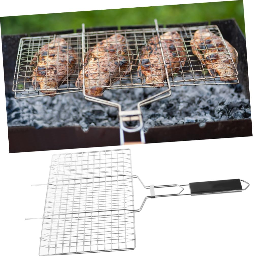 ibasenice Cestello per Barbecue in Acciaio Inossidabile con Manico in Legno Nero, Facile da Pulire, Superficie Liscia, per Grigliate All'aperto e Campeggio