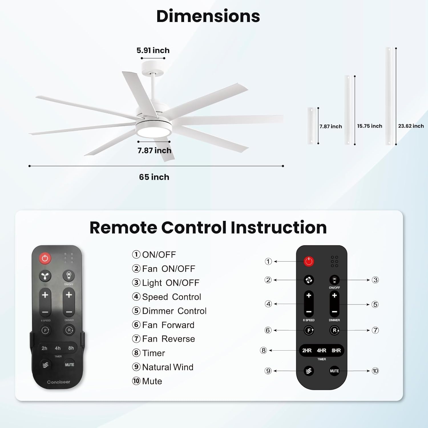 Modern Ceiling Fans with Lights, 65 Inch Ceiling Fan with Light and Remote for Bedroom Living Room Kitchen Office, Indoor/Outdoor Use, 24W 3CCT 8 Blades 6 Speed Reversible Quiet DC Motor, White - Image 9