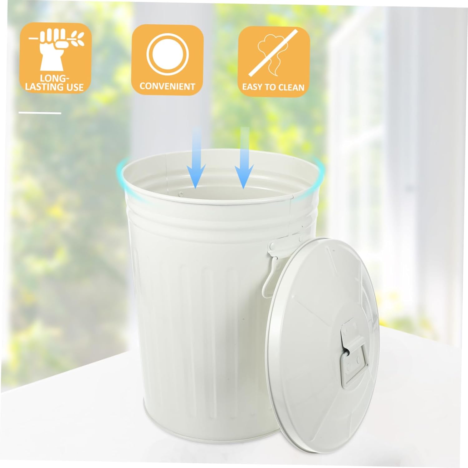 Outdoor Trash Can Lid Round Waste Basket for Kitchen Bedroom and Patio Use and Stable Iron Material Easy Garbage Disposal