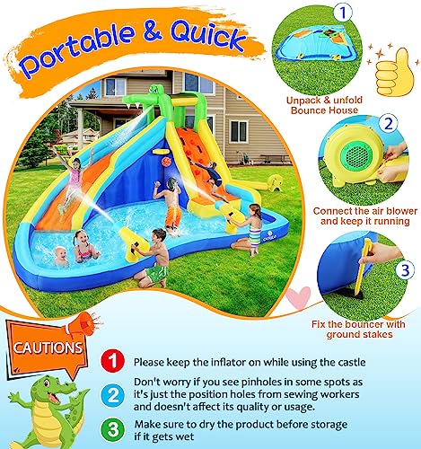 Inflatable Water Slide for Kids 8in1 Water Park 158x138x89in Waterslide Inflatables with 450W Blower+2 Cannons+Climbing Wall+Splash Pool+Crocodile Sprinkler Blow up Water Slides for Kids Backyard Fun