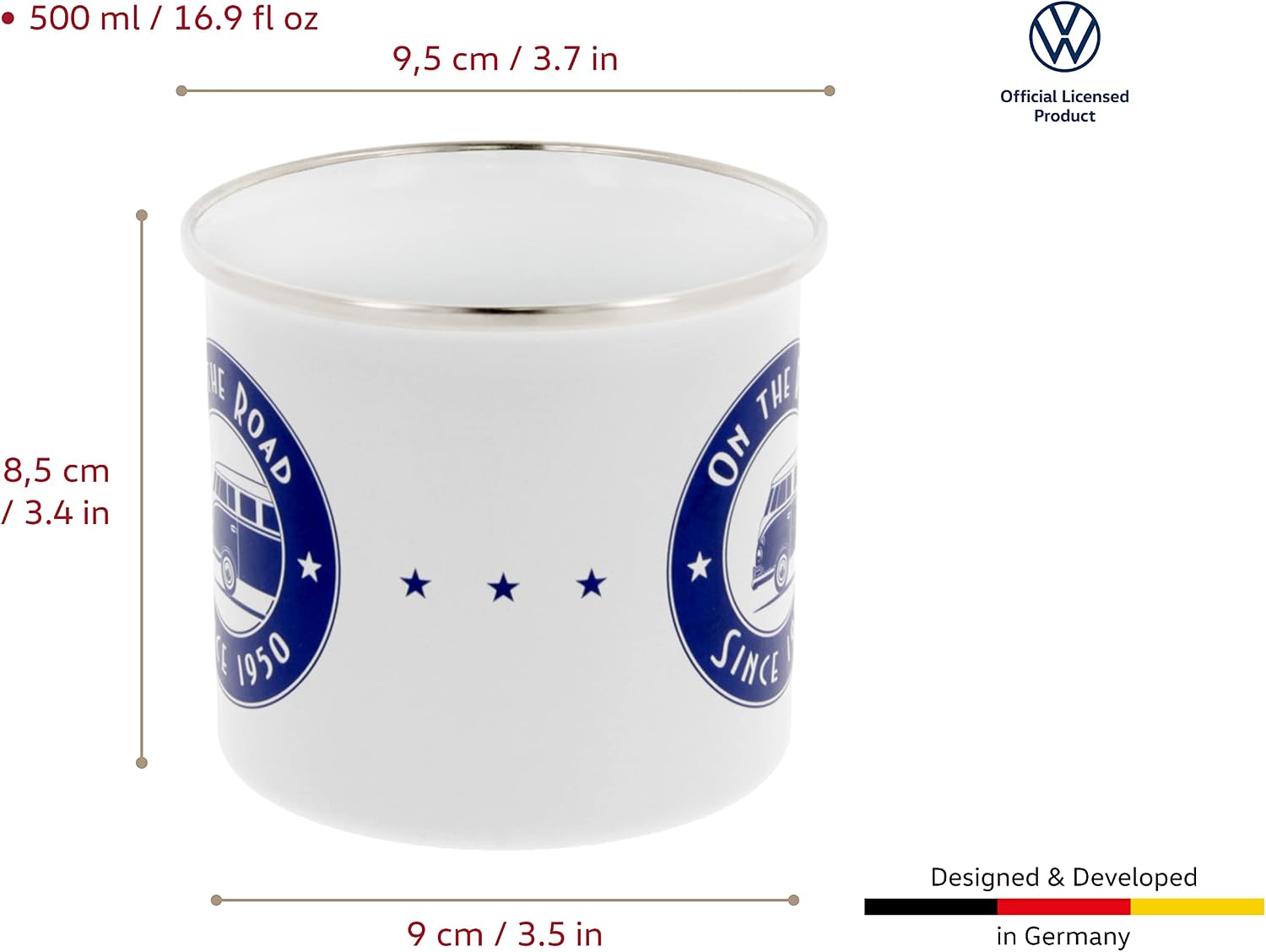BRISA VW Collection - Volkswagen Large Enamel Coffee-Tea Mug Cup for Camping & Outdoor T1 Bus Campervan (500 ml/16.9 fl oz/On the Road/White) image 3