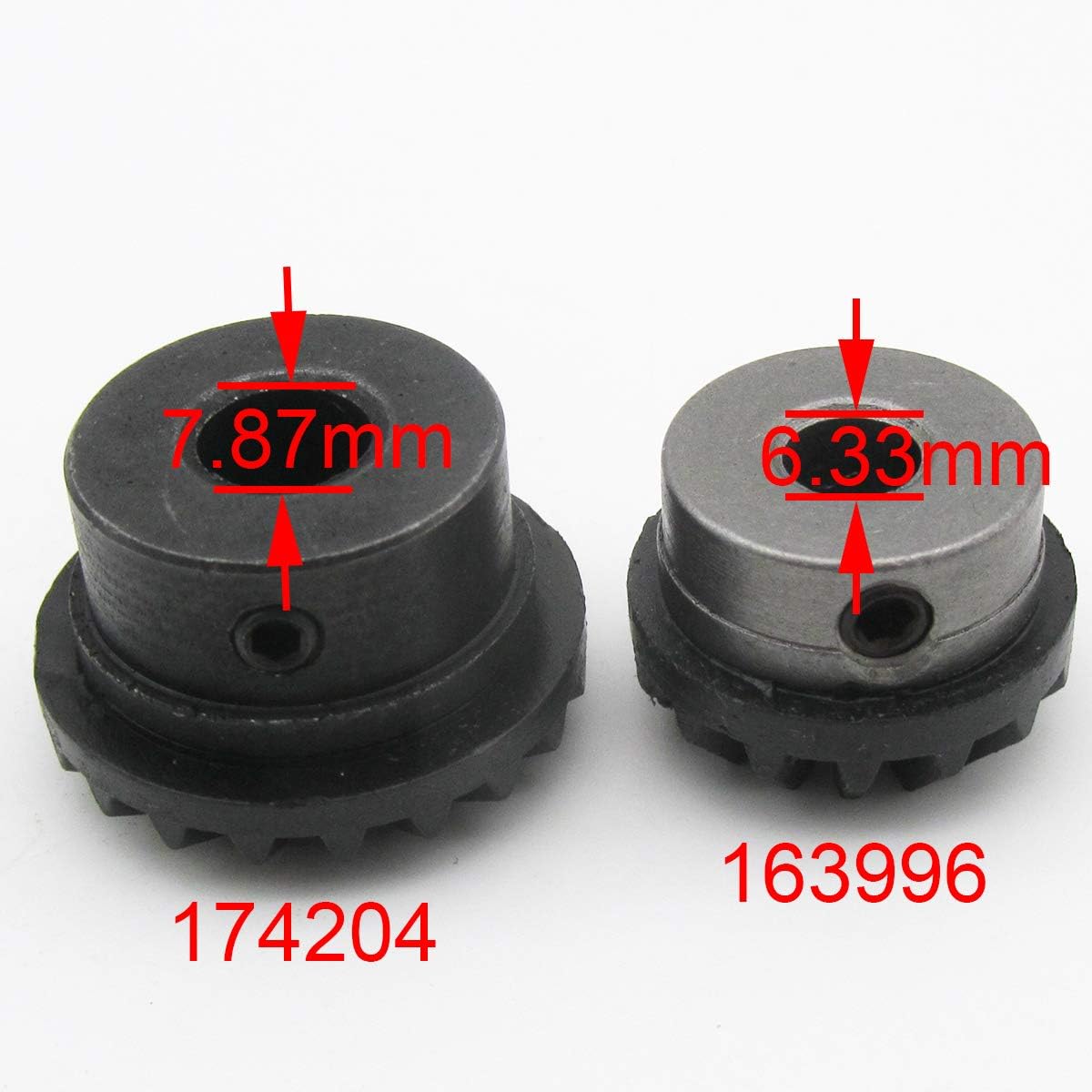 Two black sewing machine gears, one labeled 174204 with an arrow indicating an inner diameter of 7.87mm, and the other labeled 163996 with an arrow indicating an inner diameter of 6.33mm.