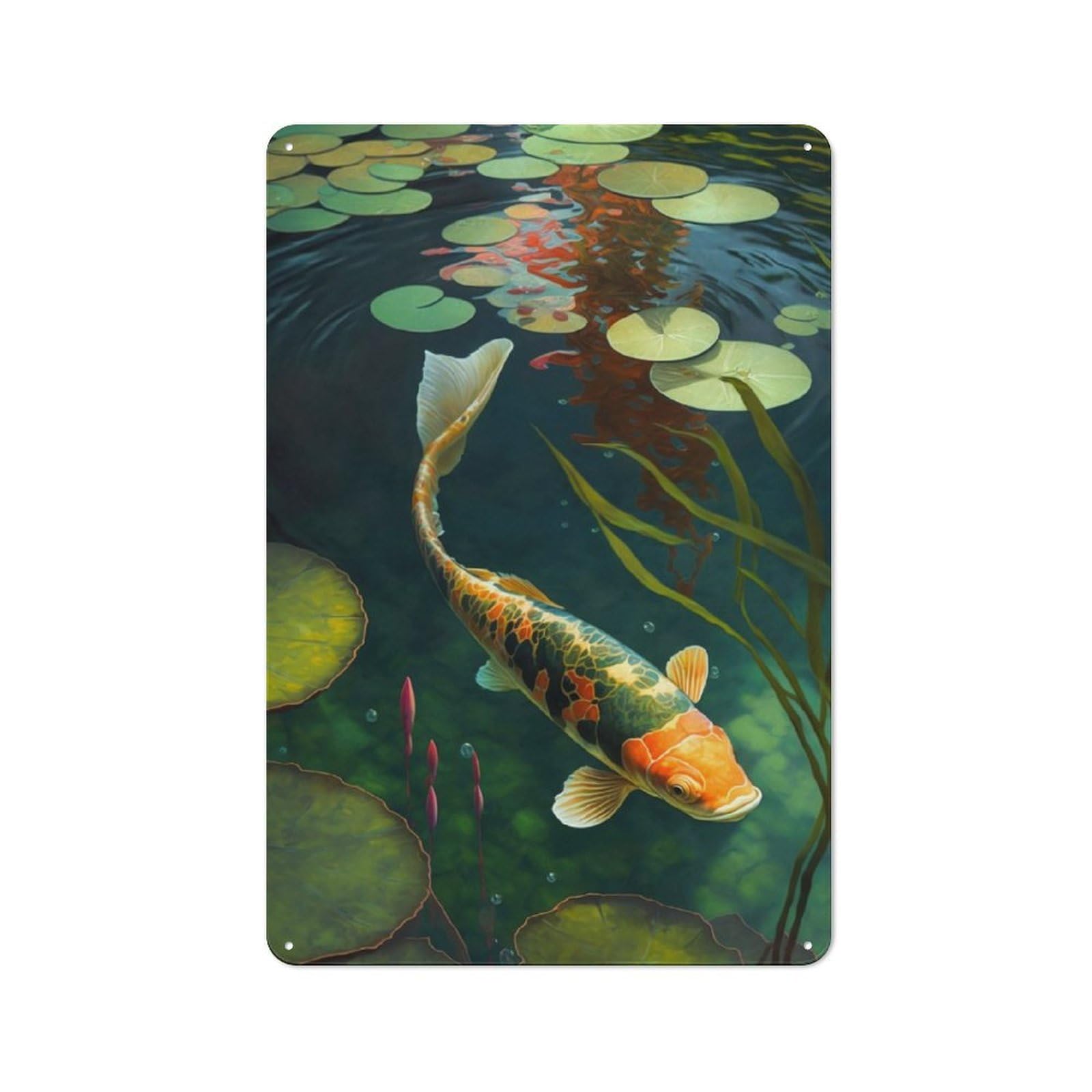 Junmoney Koi Fish Swimming In Pond Country Style Decorative Metal Sign 30X20cm, Bistro Wall Plaque For Restaurant, Kitchen, Counter Or Breakfast Nook