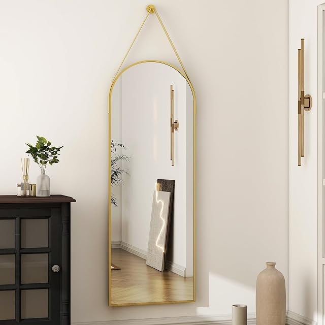 HARRITPURE 16"x48"Arched Mirror with suspension cuir Bracelet Full Length Miroir en aluminium Cadre mural Monture Arch Miroirs suspendus pour salle de bains Vanity Salon Chambre Entrée,Or