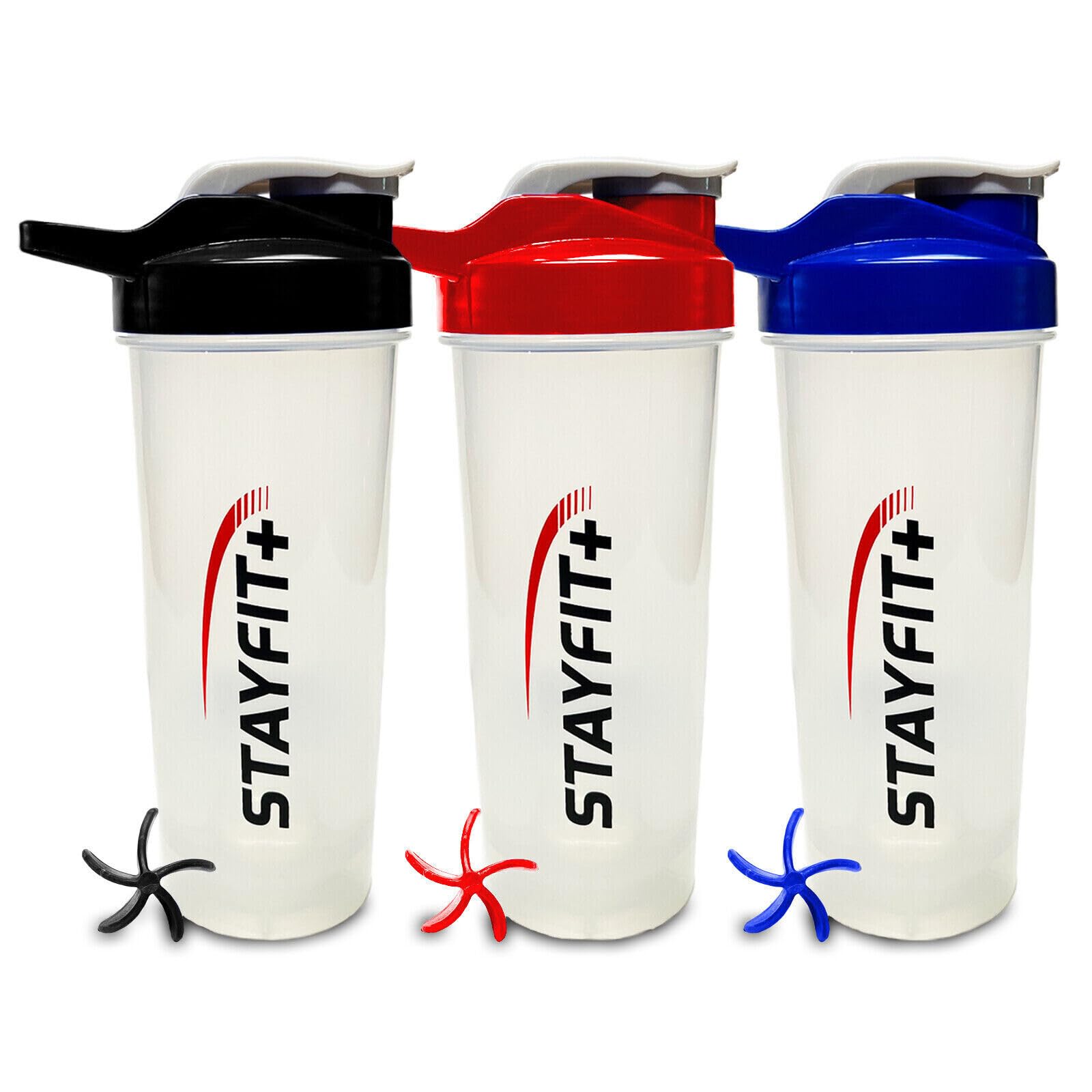 Stayfit Classic Loop Top Protein Shaker Bottle, 24-Ounce Pack of 3, Great for The Gym, Traveling, and Work, Comes with 3 Mixing Balls to Easily Mix Protein (Multi-Color)
