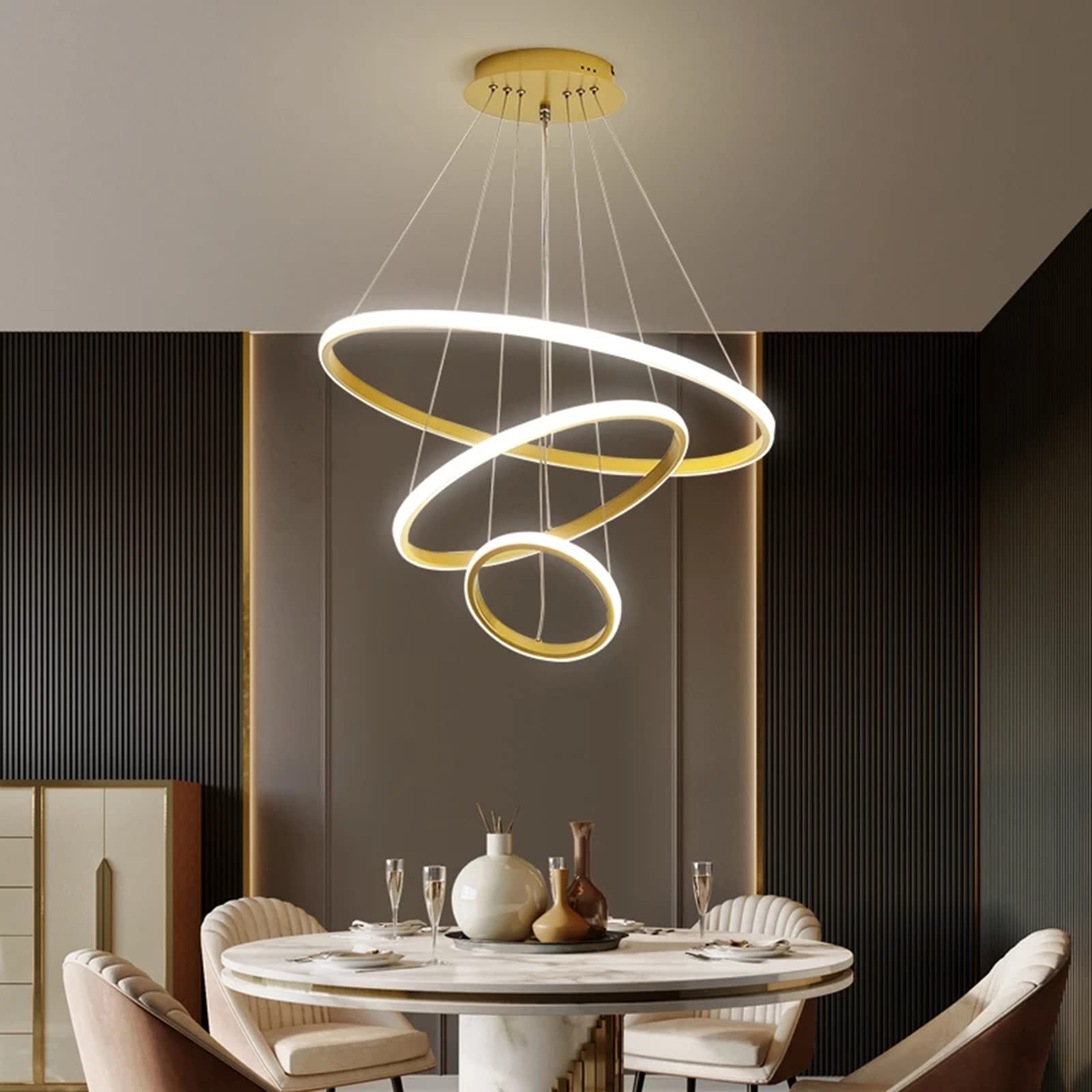 XQSSBModern Chandelier Ring led Ceiling Round Black Chandelier Three-Color dimming can be Multi-Brightness dimmable Chandelier for attic Living Room Dining Room Kitchen Interior Lighting,Gold