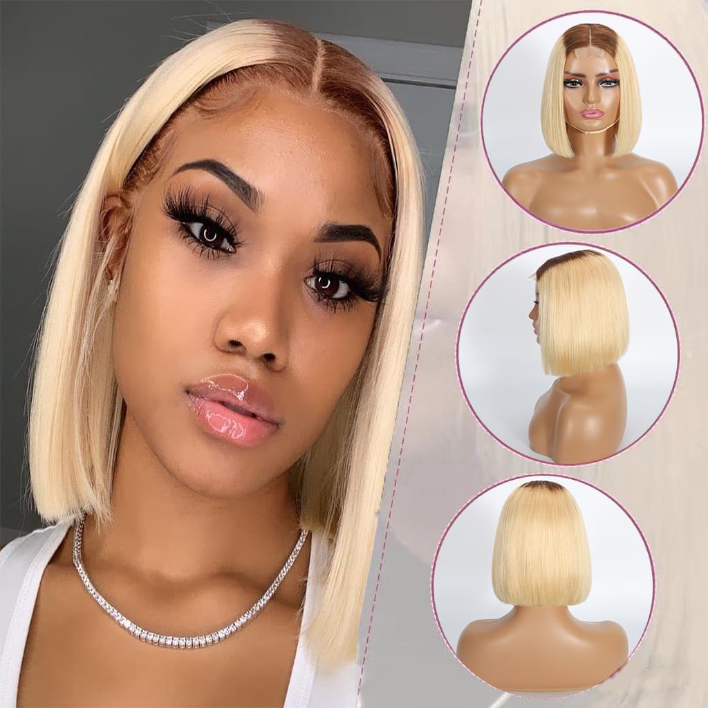 Selina Hair 2x6 HD Bob Lace Front Wigs Human Hair Ombre Blonde Bob Wig Human Hair 1B/613 Color Straight Pre Plucked with Baby Hair Unprocessed Virgin Hair for Women 10 Inch
