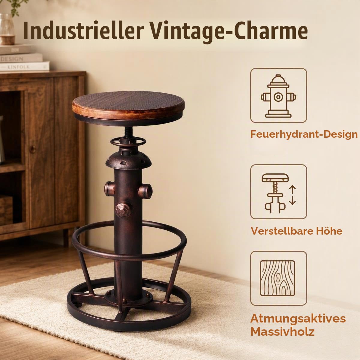 Barhocker mit Drehgelenk, Industrie-Design, für Kaffee, Küche, Esszimmer, Feuerhydrant, höhenverstellbar, Holzsitz