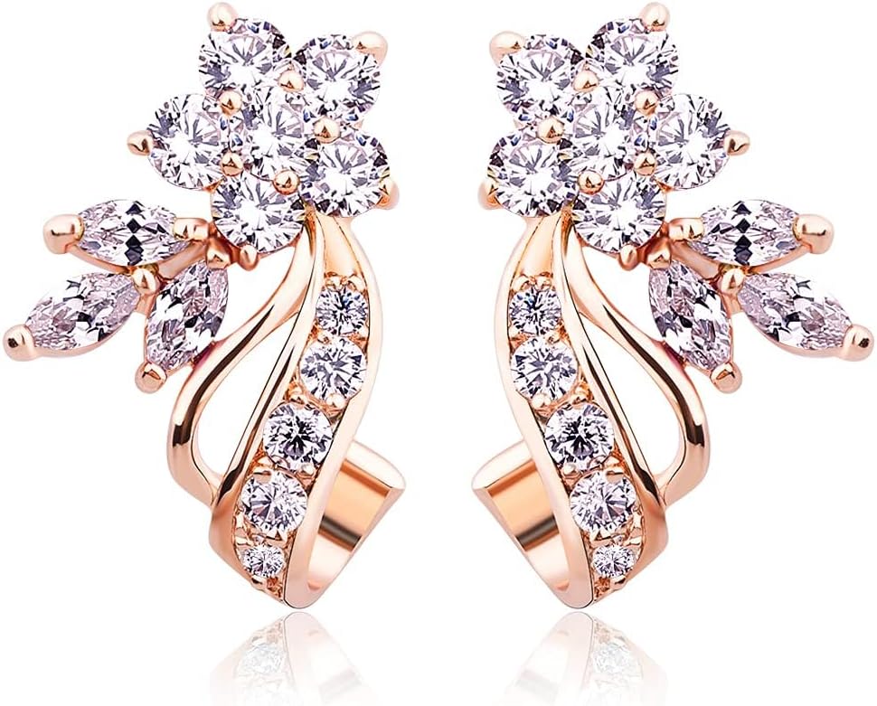 BISAER Rose Gold Plated Star Stud Earrings for Women, Trendy Unique Sparkly Multicolor CZ Flower Earrings Fashion Jewelry Gift for Ladies