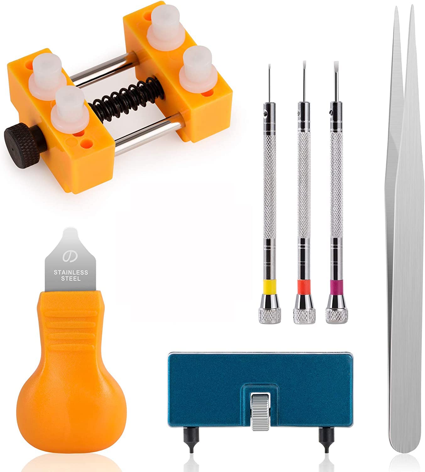 MAKINGTEC Repair Watch Tool Set, Adjustable Press Remover and Opener Repair Tool for Watch Back Cover Removal, Battery Replacement，Suitable for Watch Shops, Maintenance Workers, Families (7 Pcs)