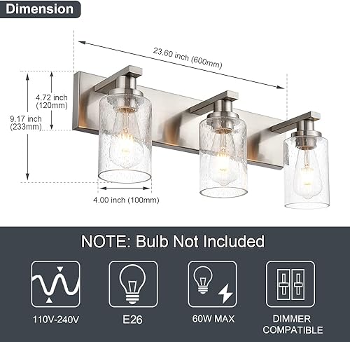 Miniatura 4 de Lámpara de tocador de baño de níquel cepillado sobre espejo, 3 luces de metal con pantallas de vidrio sembrado