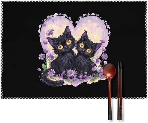 Black Cats Flower Placemats Set of 6 Resistant Table Mats Washable Place Mats for Dinner Party Table Decoration