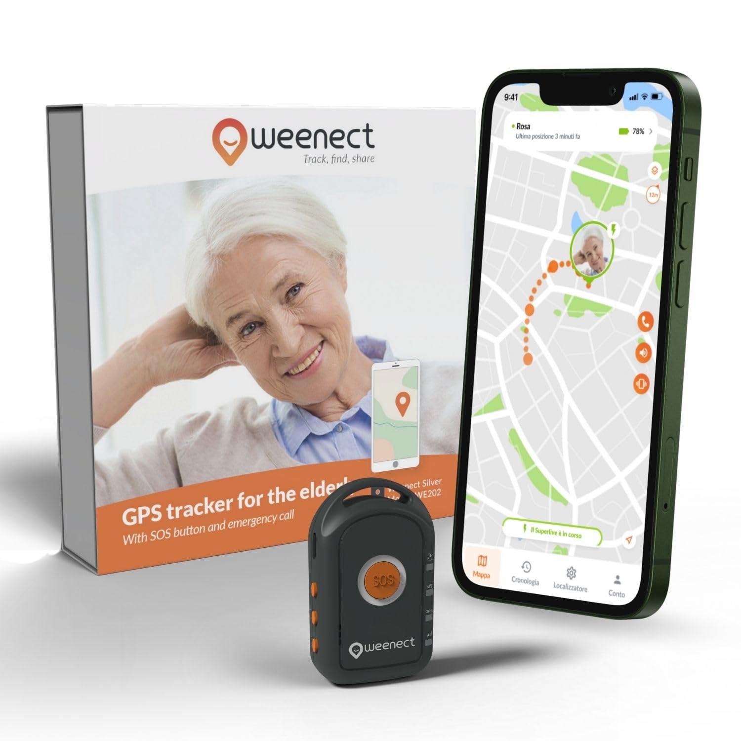 Weenect - GPS per anziani | Senza limiti di distanza | 7 giorni di autonomia | Pulsante di allarme | Telefono di emergenza | 2G | Funziona con abbonamento