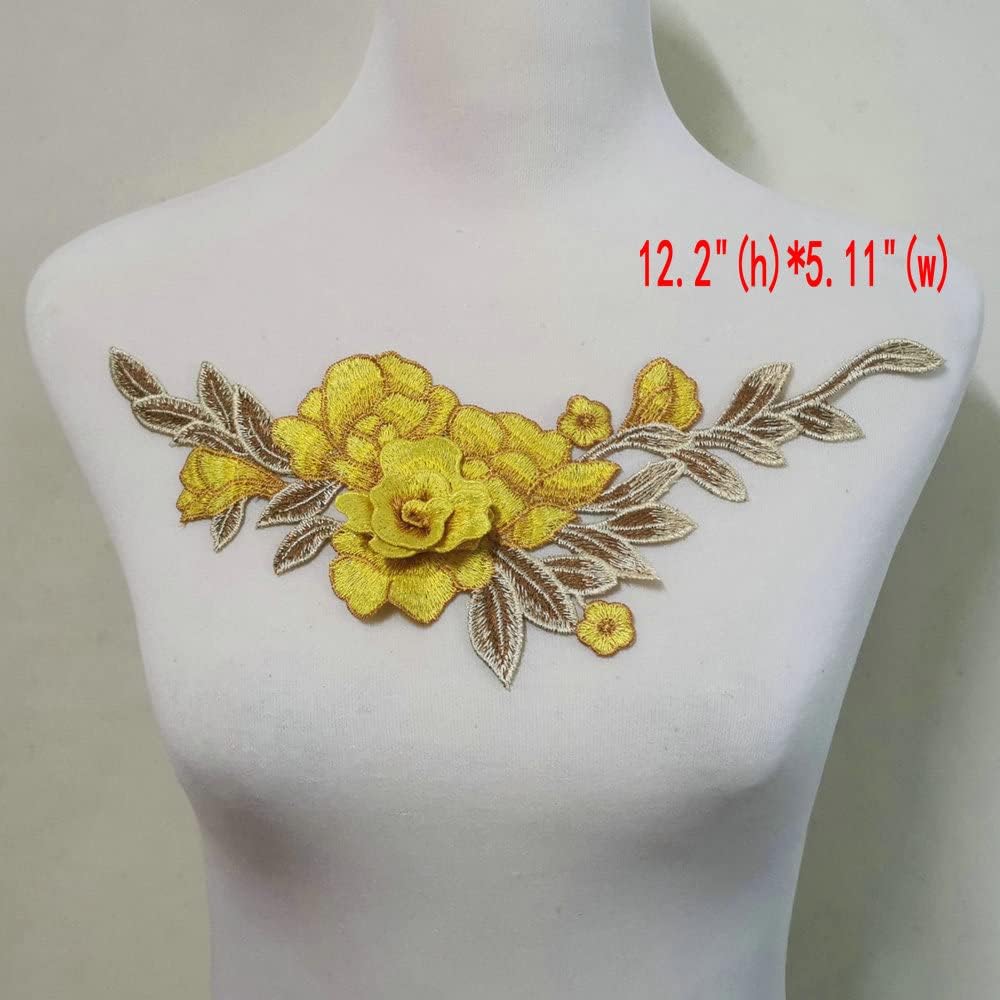 3 Pcs Beautiful Yellow Rose Flower Floral Collar Sew Patch Applique Badge Embroidery Dress Handmade Craft Ornament Fabric(Color G)