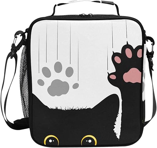 ALAZA Divertida lonchera de gato negro con aislamiento, bolsa de almuerzo para niñas, bolsa de almuerzo congelable, correa de hombro, lonchera