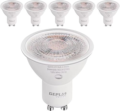 Paquete de 6 bombillas LED GU10 regulables de 6 W 582 LM, 50 W de reemplazo halógeno, foco de 38 grados 2700 K blanco cálido para cocina, campana