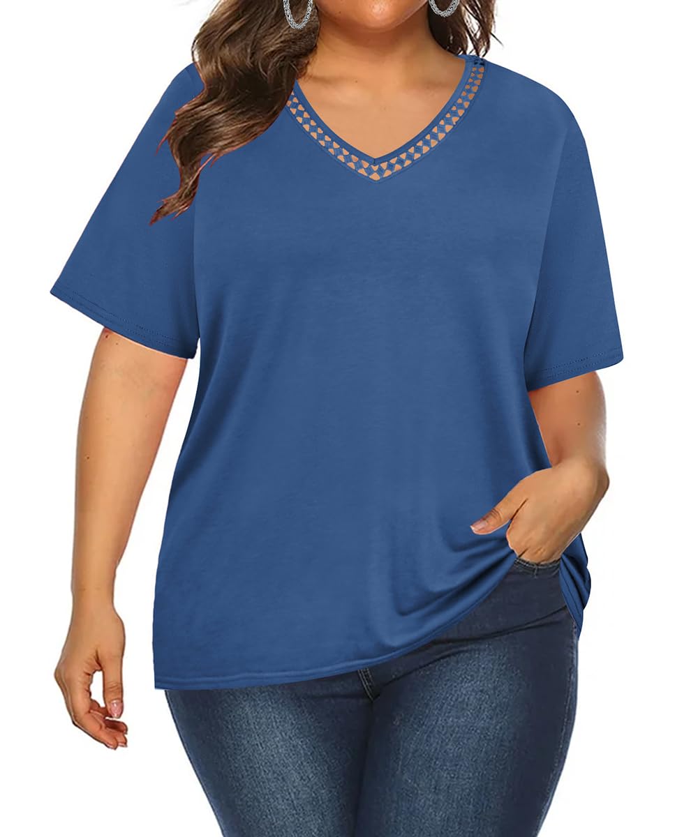 RITERA Plus Size Tops for Women Summer Blouse V Neck Short Sleeve Dressy Pullover Hollow Out Oversize Tee XL-5XL