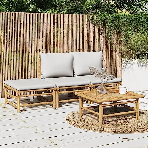 IBUQDDV Light Grey Bamboo Garden Lounge Set with Polyester Cushions,