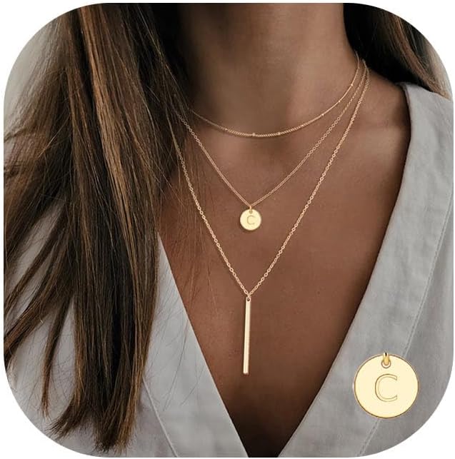 Initial Layered Necklaces for Women, 14K-Gold-Plated Coin Letter Necklace Bar Stacking Layer Necklace Multi Bar Layering Y-Necklaces Jewelry for Women, Brass, No Gemstone
