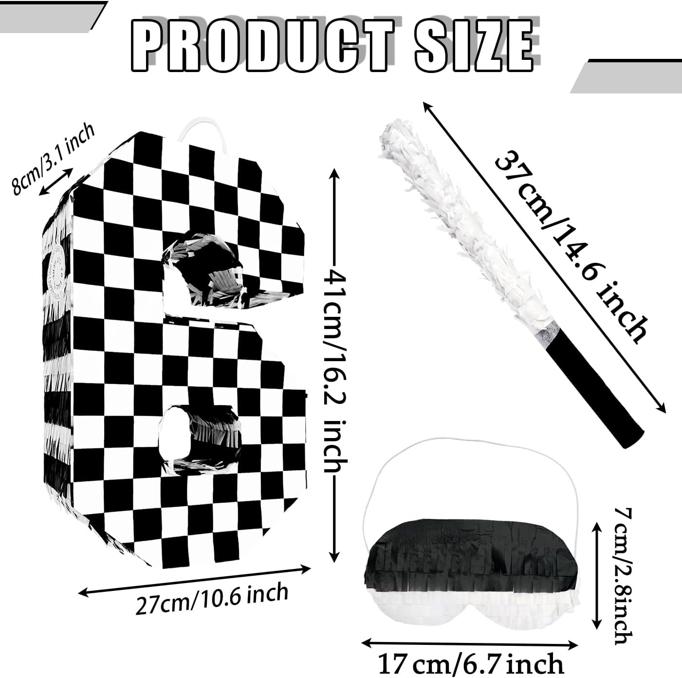 Checkered Number 6 Pinata with Stick and Blindfold Black and White Race Car Pinata for Kids ‌6th Birthday Anniversary Racing Car Party Supplies