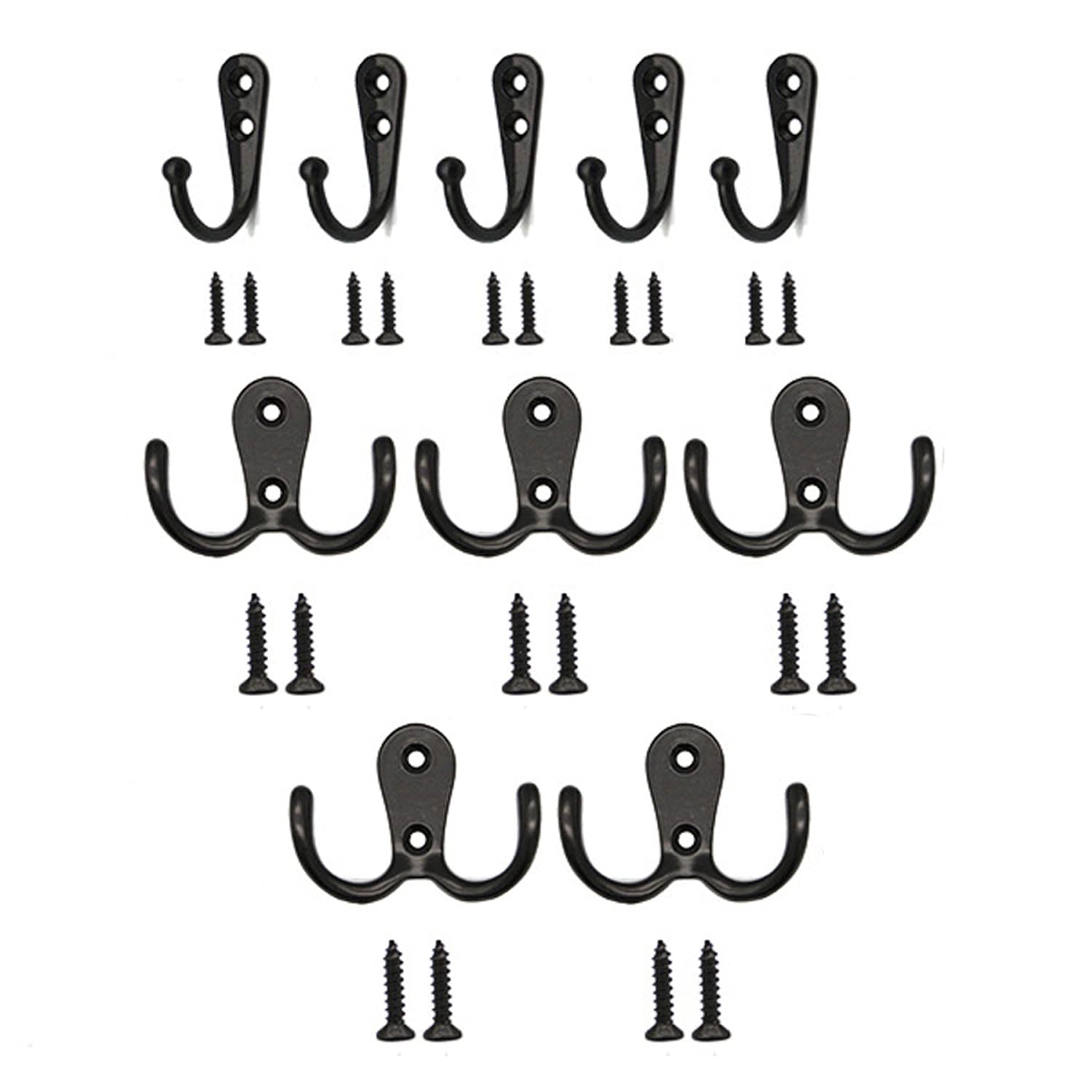JIEOU 10PCS Dual/Sigle Coat Hooks In Total, Wall Mounted Robe Hooks, Retro Metal Cloth Hanger, Premium Black White Heavy Duty Wall Hooks, Double Prong Robe Hooks