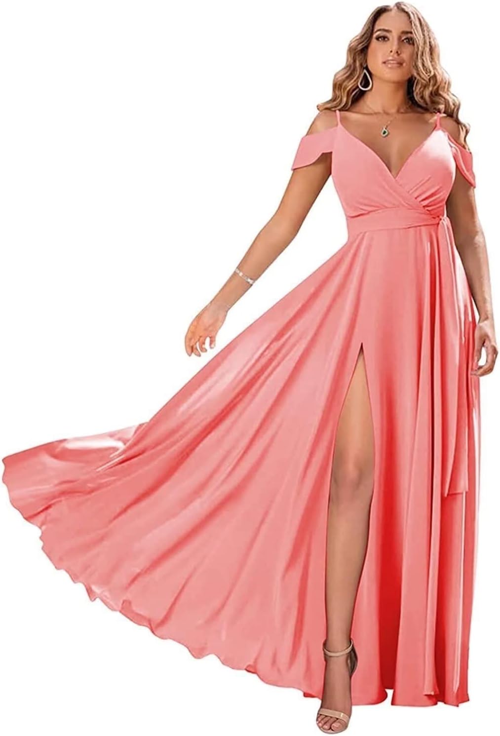 Bridesmaid Dress with Slit Off Shoulder Chiffon Formal Evening Gown Deep V  Neck Long Coral Prom Dress 2023 Size 12,RQ04