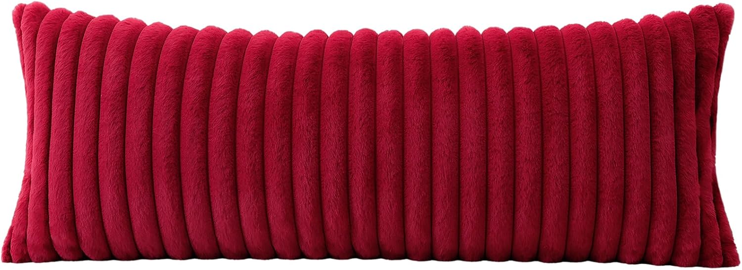 OTOSTAR Burgundy Lumbar Decorative Pillow Cover 14x36 Inch Boho Faux Rabbit Fur Long Body Throw Pillow for Bed Sofa Couch Soft Plush Striped Pillow Case Velvet Farmhouse Cushion Cover