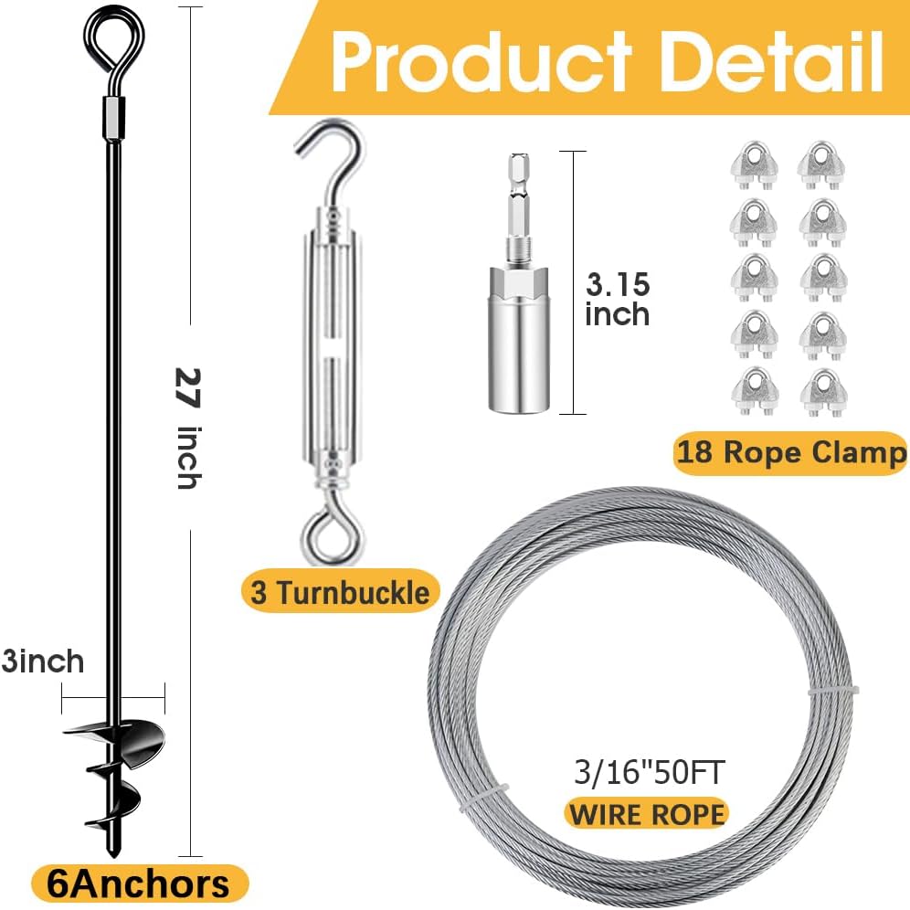 27in 6 Pack Ground Anchors with 3/16" Galvanized Cable Shed Anchor Kit, Trampoline Stakes Anchors High Wind – Ideal for Canopies, Sheds, Car Ports, Swing Sets Gazebo Greenhouse (27 in of 6 Pcs)