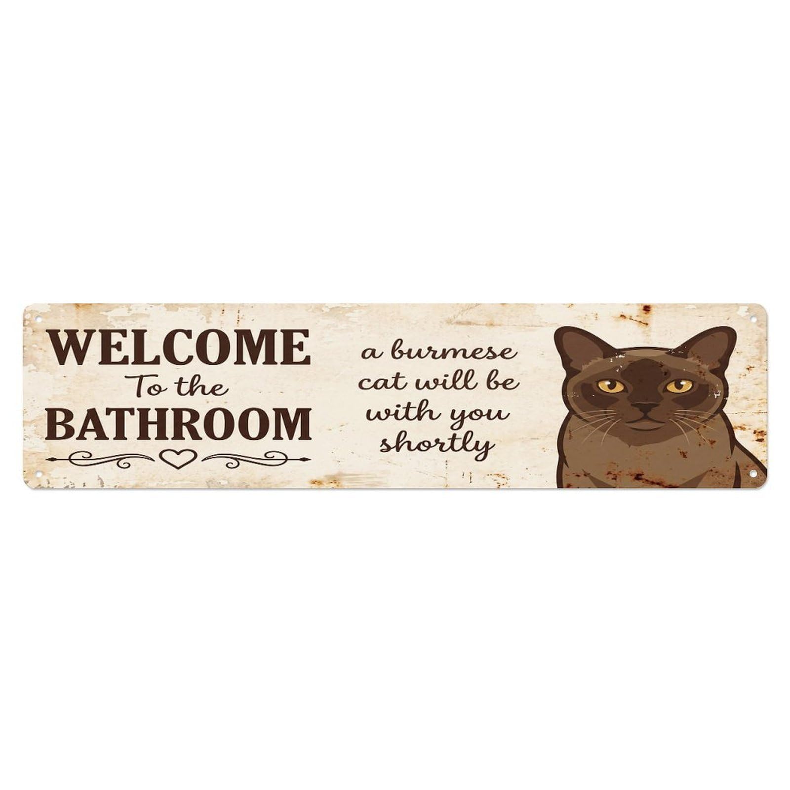 Vintage WELCOME To The BATHROOM Burmese Cat Metal Tin Sign