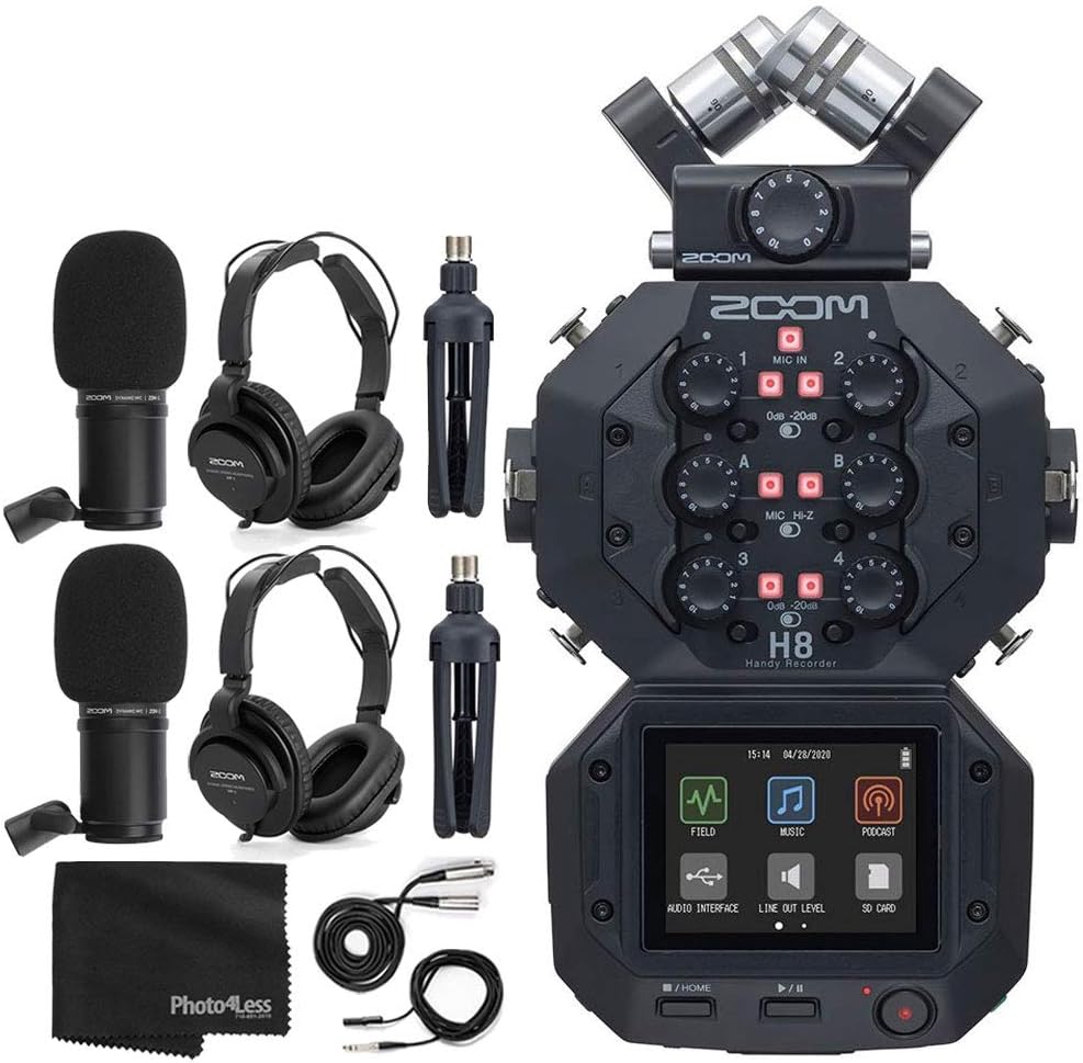 H8 8-Input / 12-Track Portable Handy Recorder for Podcasting, Music, Field Recording Bundle with 2X Zoom ZDM-1 Podcast Mic + 2X Headphones + 2X Windscreens + 2X Tabletop Stands + More (4 Items)