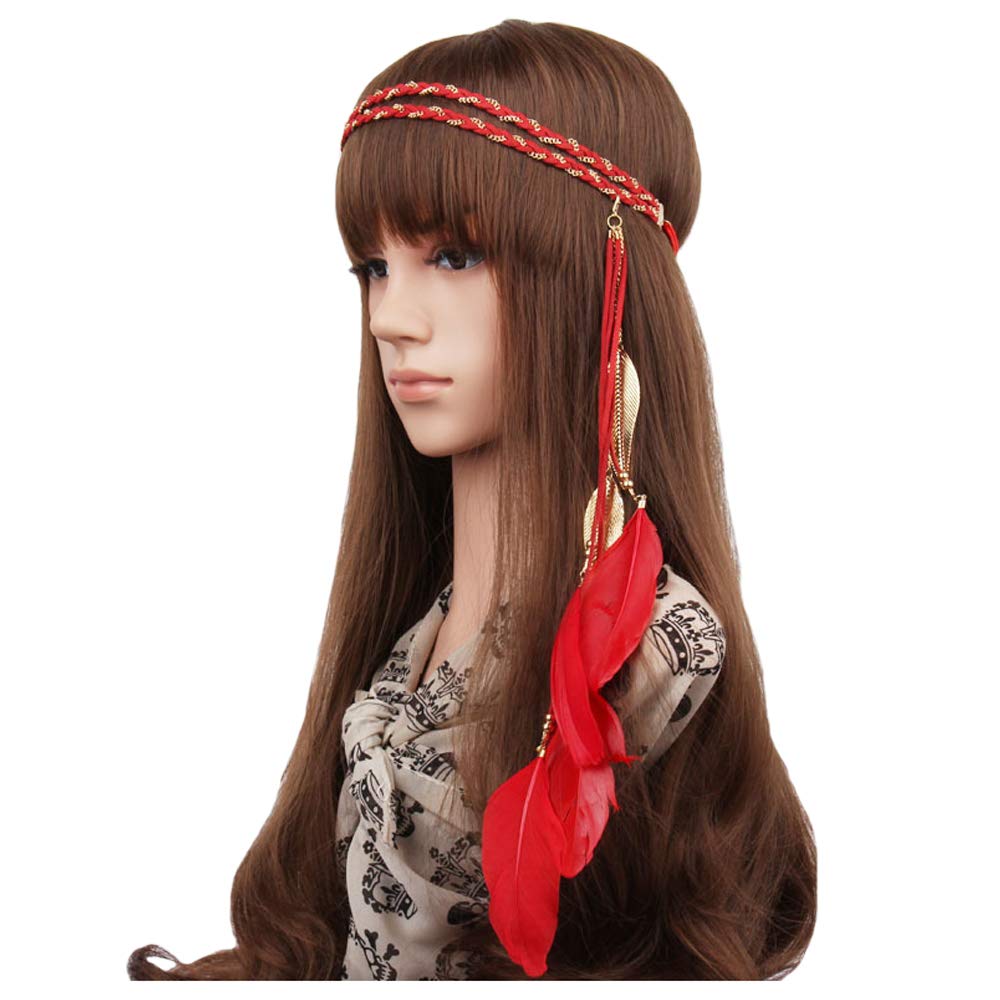 WLBON Halloween Boho Feather Headband Hippie Indian Leaf Hair Hoops Bands Tassel Bohemian Headpiece Hairband Women Xmas Wedding Festival Masquerade Cosplay Dress Up Birthday Party Accessories Red