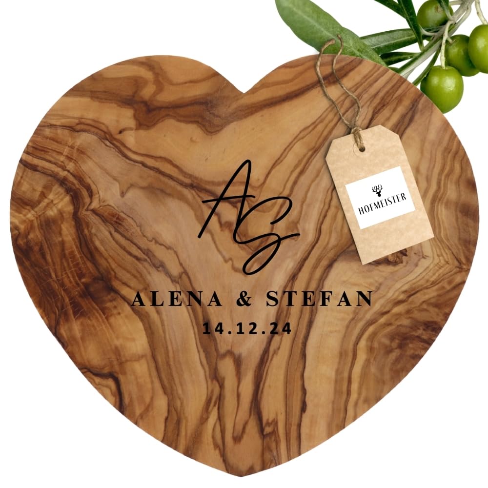 HOFMEISTER® Brettchen Herzform Gravur Namen - aus Olivenholz, Geschenk für Verliebte zum Jahrestag, zur Hochzeit oder Valentinstag, dekorative Geschenkidee, 21 cm