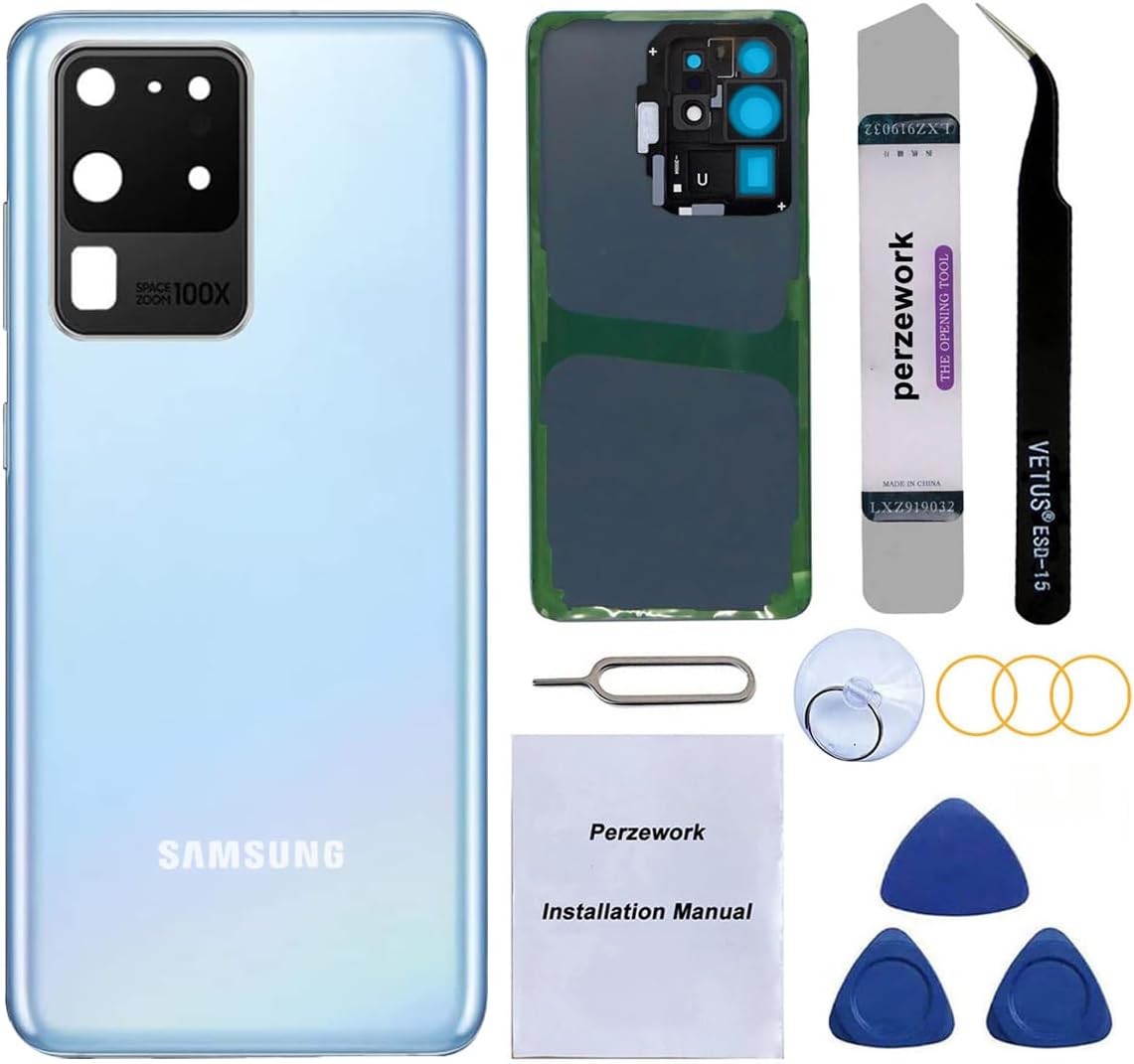 Rear Back Glass Replacement for Samsung Galaxy S20 Ultra 6.9 inches 5G with Reparing Toolkit and Pre-Installed Adhesive (Cosmic Blue)