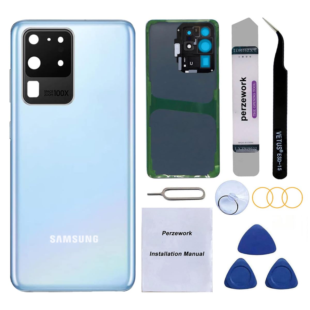 Rear Back Glass Replacement for Samsung Galaxy S20 Ultra 6.9 inches 5G with Reparing Toolkit and Pre-Installed Adhesive (Cosmic Blue)