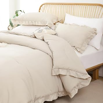 JANZAA Beige Comforter Set Queen, Ruffle Soft Bedding