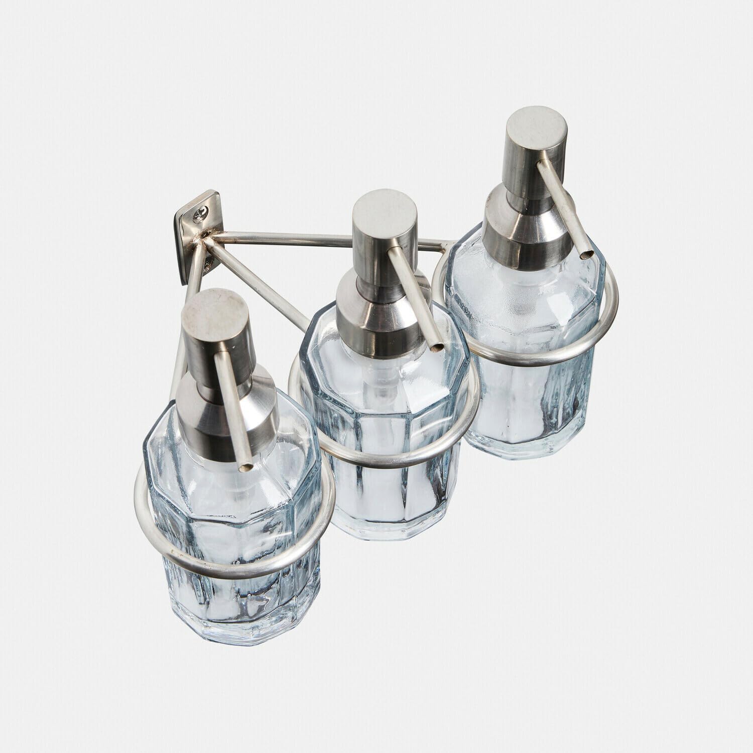 Loberon Seifenspender Virellane, Silber | für DREI Flaschen - zur Wandmontage - Badzubehör - Badaccessoires - Glas - Messing