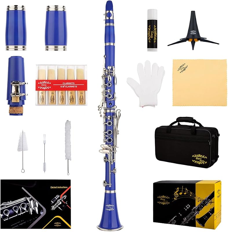 Glory GLY-CLADBL Professional Ebonite Bb Clarinet with 10 Reeds, Stand, Hard Case, Cleaning Cloth, Mouthpiece Brush and Pad Brush,Dark Blue/Silver