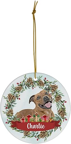 Miniatura 2 de Diseño temático de piñas con Staffordshire Bull Terrier rojo, adornos de Navidad personalizados 2024 círculo blanco cerámica cachorro dueño regalos