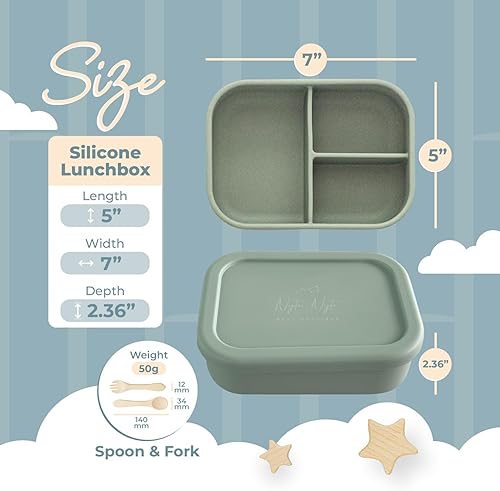 Miniatura 7 de Nyte Nyte Baby Green Kids Bento Box - Lonchera 100% silicona de grado alimenticio para adultos y niños pequeños, con 3 compartimentos, apta para
