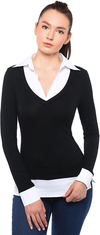 AmelieBoutik Women Faux Shirt 2 in 1 Style Long Sleeve Pullover Blouse Top