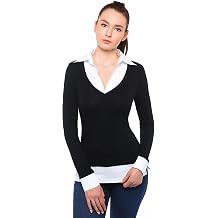AmelieBoutik Women Faux Shirt 2 in 1 Style Long Sleeve Pullover Blouse Top