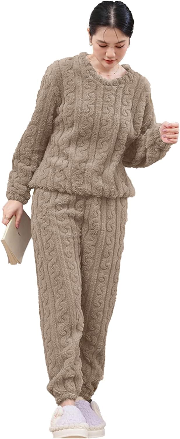 Men's and Women's Winter Wool Blend Fleece Velvet Full Length Nightwear Pajama and top Set-image-13